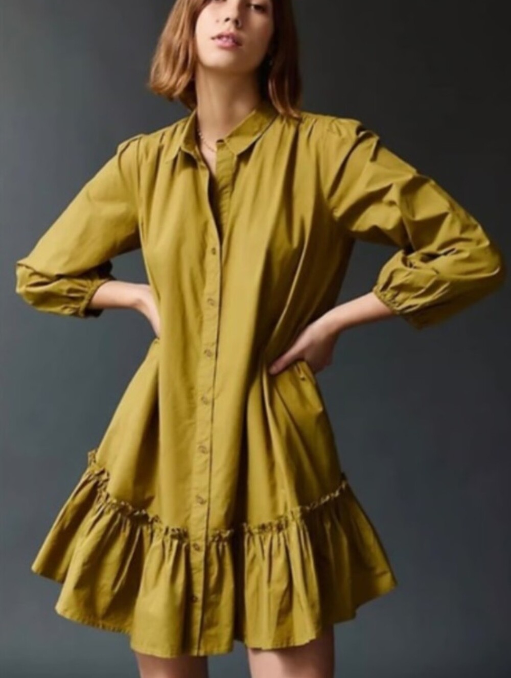 Anthropologie Shelley Flounced Tunic Dress Moss Green Yellow